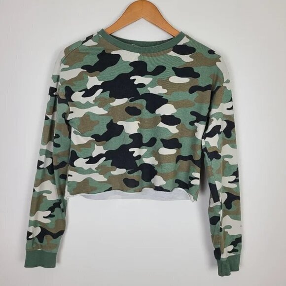H&M Green Black and Cream Camo Printed Cropped Sweatshirt XS - Picture 10 of 16